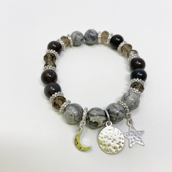 Black Gray Beaded Stretch Bracelet w/Crescent Moon, disk & Star Charms - Picture 2 of 4